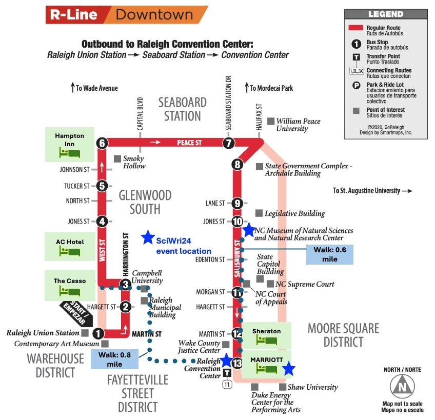 Marked up graphic of the Raleigh R Line light rail system, with Science Writers 2024 details. The Casso is near Stop 3. The A C hotel is near Stop 4. The Hampton Inn is near Stop 6. The Museum of Natural Sciences is near Stop 10. The Sheraton is Stop 12. The Marriott and Convention Center are at Stop 13.